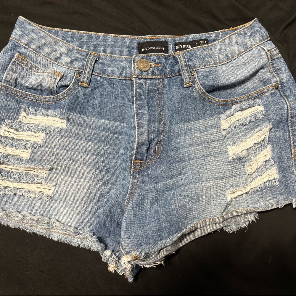 Blue Distressed Jean Shorts with Frayed Edges